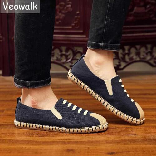 Veowalk Mens Japanese Style Espadrilles Flats Handmade Soft Bottoms Mens Comfortable Slip On Loafers Man Driving Shoes