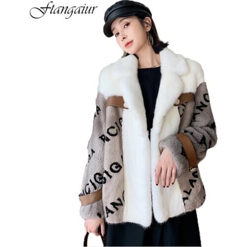 Ftangaiur 2020 NEW Winter Imported Velvet Mink Fur Coat Womens Patchwork Print Letter Medium Pure Natural Real Mink Fur Coats