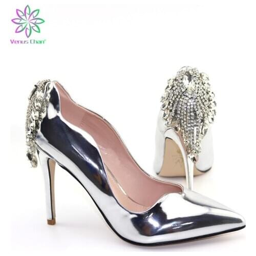 2019 Latest Design Silver High Heels Women Wedding Shoes Nigerian Wedding Party Rhinestones Pumps African Women Sandal Shoes