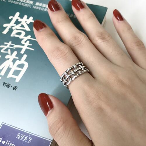 Retro 925 Sterling Silver Roman Vinatge Woven Mesh Open Ring Personality Braided Hammered Stackable Handmade 925 Rings Men Women