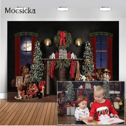 Chirstmas Fireplace Backdrop Toy Bear Newborn Kids Portrait Photocall Background for Photography Stduio Red Sock Trojan Horse