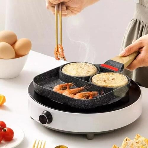 2 Hole Fried Egg Burger Pan Non-stick Ham Pancake Maker Wooden Handle Suitable for Gas Stove and Induction Cooker