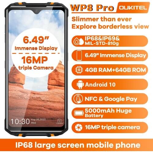 OUKITEL WP8 Pro Rugged Sports Phone 6.49'' Fingerprin 4GB 64GB 5000mAh NFC 6.49 HD Mobile Phone Waterproof 16MP Triple Camera