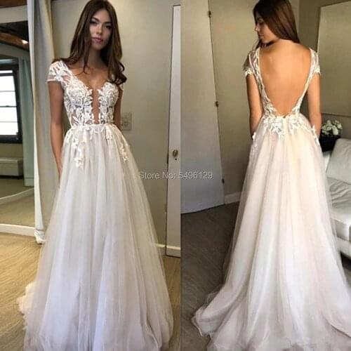 Modest Scoop Neckline Cap Sleeve Lace Applique Sexy Split Tulle A-line Wedding Dresses Floor Length Backless Sweep Train Brides