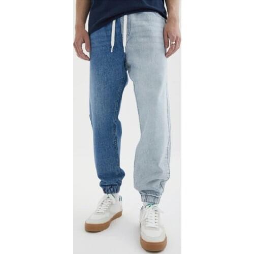 2021 spring and autumn mens jeans loose fashion color matching stretch denim trousers mens elastic waist slim-fit feet pants