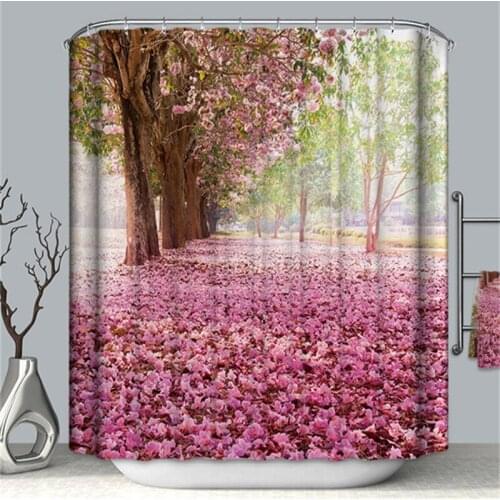 Cherry Blossom Peach Blossoms Shower Curtain Tree Bathroom Waterproof Polyester Cloth Bath Curtain With Shower Curtain Hooks