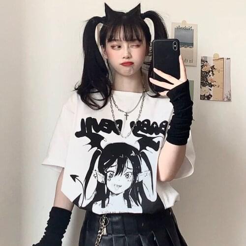 Japanese Anime Punk Goth Print Clothes Plus Size Dropshipping Korean Style Harajuku Short Sleeve Black Top Cotton Women T-Shirts