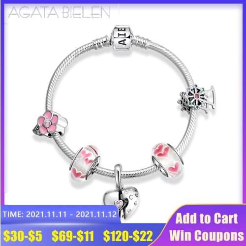 925 Silver Women Fashion Jewelry Charm Bracelets With Pink Flower Heart Glass Beads CZ Pendant Original Fine Bracelet DIY