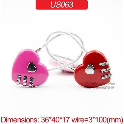 1PCS Heart Padlock 3 Digit Combination Password Luggage School Bag Zipper Bag Trolley Case Padlock with Steel Wire Rope US063