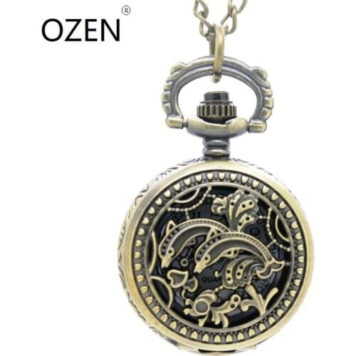 3103) 12pcs/lot Vintage bronze two dolphin pocket Watch Necklace,Watch pendant, Dia: 2.7cm christmas party gift