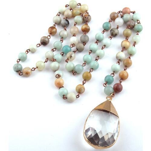 Free Shipping Amazonite Stones Rosary Chain Glass Drop Pendant Necklace For Women Statement Necklaces