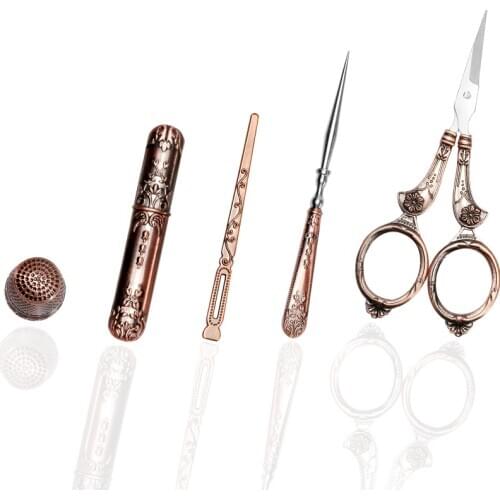 Nonvor 5Pcs Professional Vintage Embroidery Stainless Steel Safety Scissor Needle Case Sewing Thimble Awl Needlework Tools