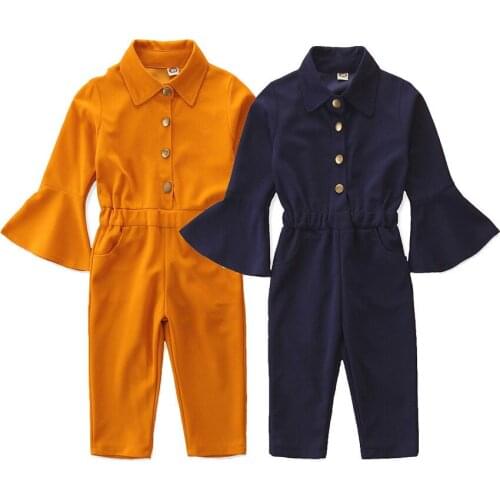 Childrens Clothing Baby Girls Pants 2020 Autumn New Girls Fashion Jumpsuit Cotton Flared Sleeve Solid Color Casual Jumpsuit