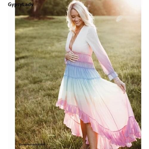 Gypsylady Purple Summer Rainbow Maxi Dress HIGH LOW Holiday Beach Dresses Women Chiffon Tiered Ruffle Trim Chic Boho Long Dress