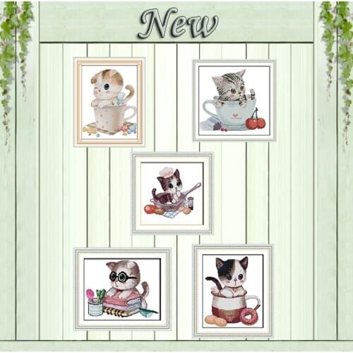 Kitten in the cup cute cat cartoon painting counted printed on canvas DMC 14CT 11CT Cross Stitch Needlework Sets Embroidery kits