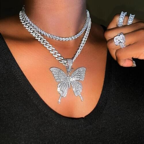 KMVEXO Pink Clear Crystal Butterfly Pendant Charm Miami Curb Cuban Chain Hip Hop Necklace Rapper Gift Rock for Men Women Jewelry