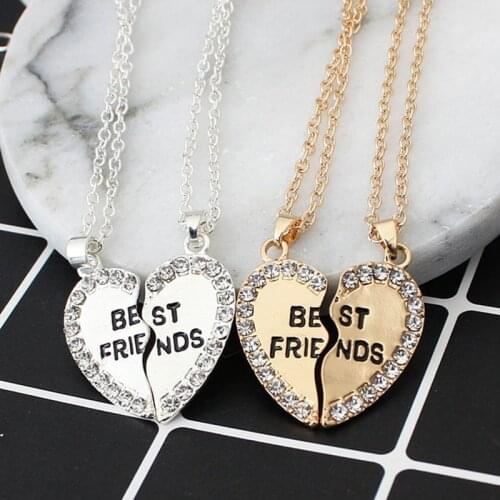 Unisex 2 Pcs Necklace Women Crystal Heart Pendant Best Friend Letter Necklace Fashion Couple Necklace Men Friendship Jewelry