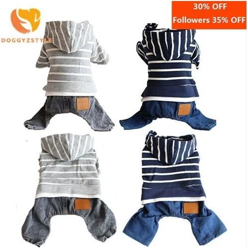 Striped Knit Hooded Dog Jacket Four-legged Denim Dog Clothes Jumpsuits for Dogs Puppy Yorkshire Terrier Bichon Cat Clothes