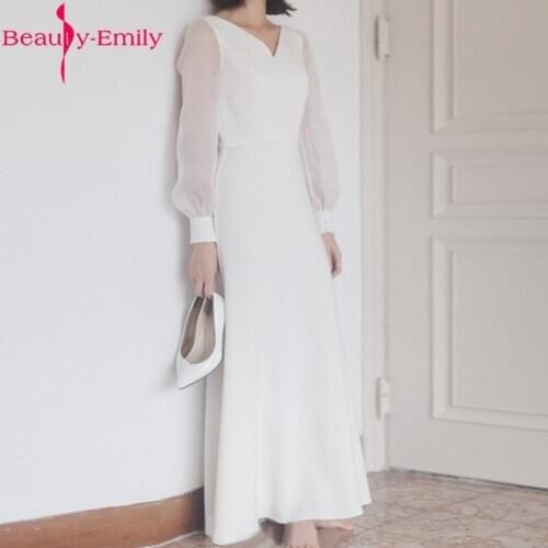 Romantic Simple White Evening Dresses Ankle Length Sexy V Neck A Line Dress 2020 Long Sleeve Satin Elegant Formal Party Dresses