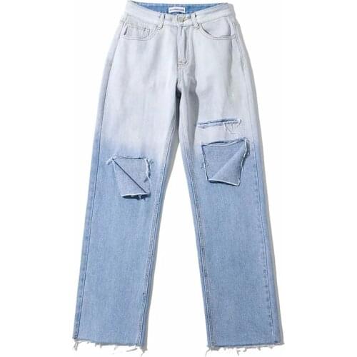 Ripped Jeans Women Loose Straight Cut Rotten High Waist Pants Gradient Color Washed Denim Pants Casual Y2k Jean