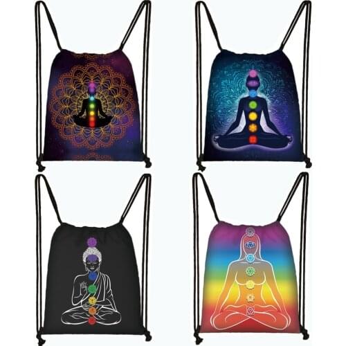 Seven Chakras Meditating Buddha Backpack Women Drawstring Bag Buddhism Mandala Storage Bags for Travel Girls Shoes Book Bag