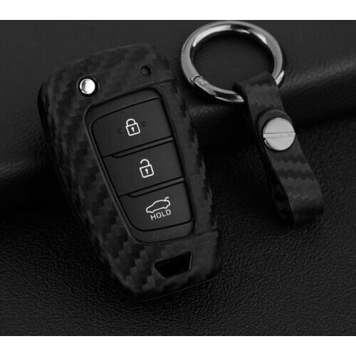 Silicone Carbon Fibre Car Key Case Remote Shell Cover Fit For Hyundai Accent SantaFe Veloster Flip Key Protector Auto Keychain