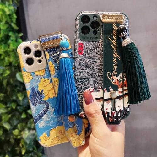 Chinese Painting Silicone Mobile Phone Back Case for iphone12/12pro/12pro max/12mini Phone Protect Cover with Tassel and Holder