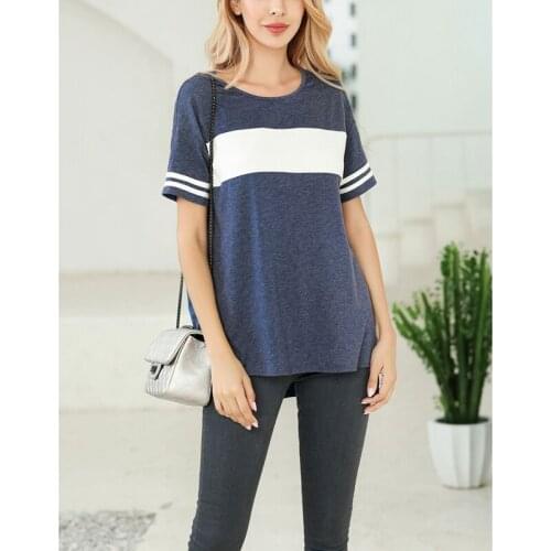Womens Fashion Casual Round Neck Color Matching Slit Short Sleeve T-Shirt Tops