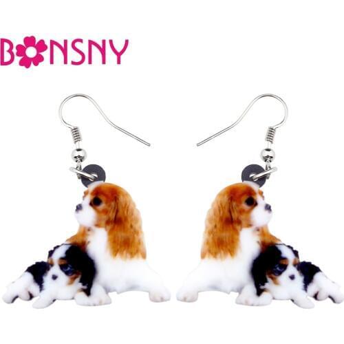 Bonsny Acrylic Elegant Lying Cavalier King Charles Spaniel Dog Earrings Long Dangle Drop Novelty Jewelry For Women Girls Laides
