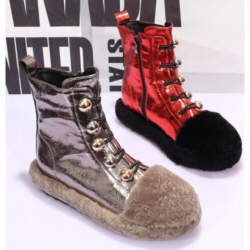 OLOMLB Womens Round Toe Real Lambswool Fur Ankle Boots Lace Up Platform Shoes Warm Winter Snow Girls New 2020 4Colors