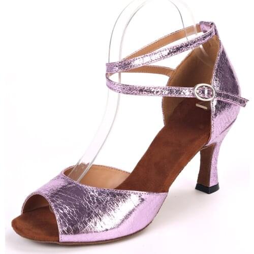 Cracked pattern bright PU lady dance shoes girl latin shoes sandal 7.5cm heel metallic silver champagne lilac leather sole shoe