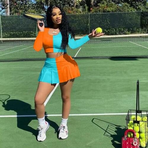 ZOOEFFBB Spliced Two 2 Piece Set Fall Clothes for Women Long Sleeve Crop Top High Waist Jk Mini Skirt Tracksuit Rave Dress Sets