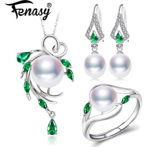 FENASY 925 Sterling Silver jewelry sets for women,Emerald drop earrings,natural pearl pendants&necklaces engagement ring set