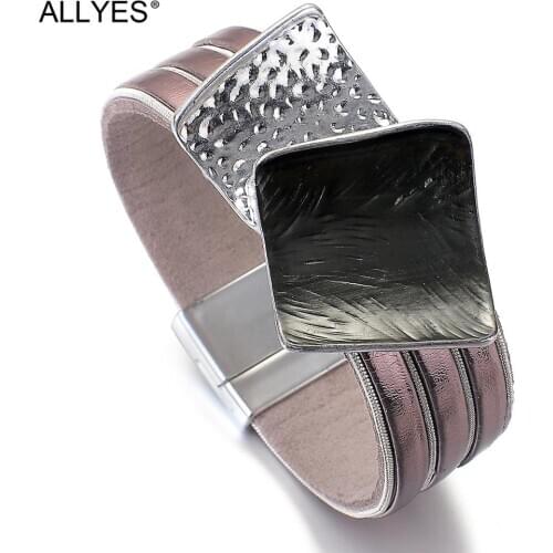 ALLYES Geometric Black Enamel Metal Charm Leather Bracelet for Women Fashion Bracelets Bangles Purple Commute Jewelry