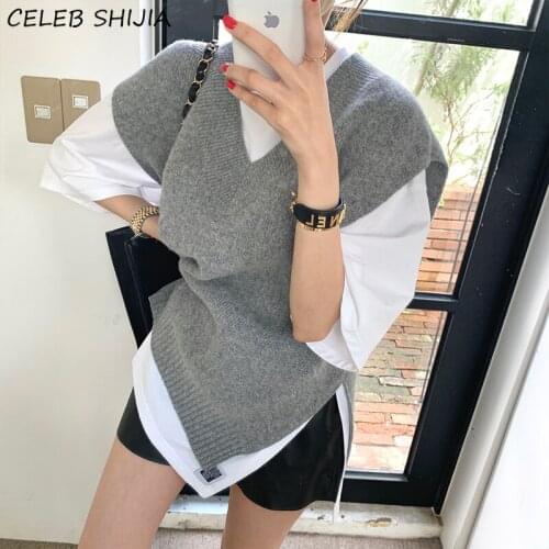 Autumn Chic Sleeveless Sweaters Jumpers Woman V-neck Oversized Korean Knitting Pullover Woman Fall Lazy Style Sweater