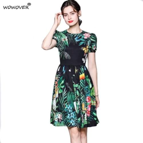 2021 New Arrivals Short Sleeve Tropical Floral Print Runway Fashion Summer Dress Women Empire Knee Length Robe Casual Vestidos