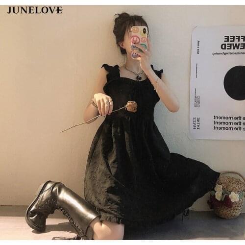 JuneLove Sweet Elegant Hepburn Strap Dress Women Korean Kawaii Slim Black Party Dress Vintage Outdoor Ruffle Dresses Summer 2021