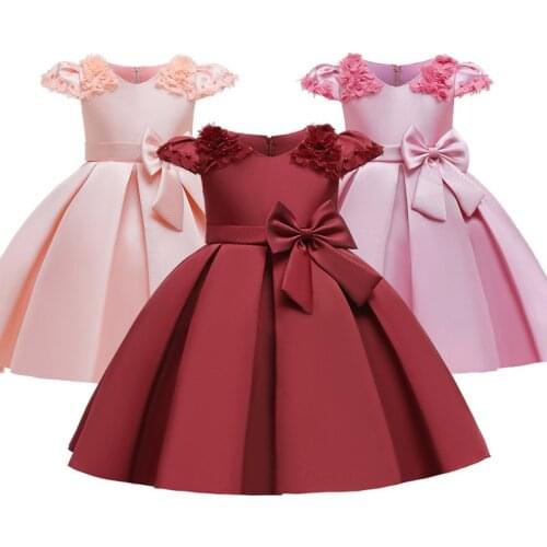Flower Girls Satin Dresses for Weddings Banquet Dress Girl Birthday First Communion Party Frocks Glossy Petals Bow Ball Gowns