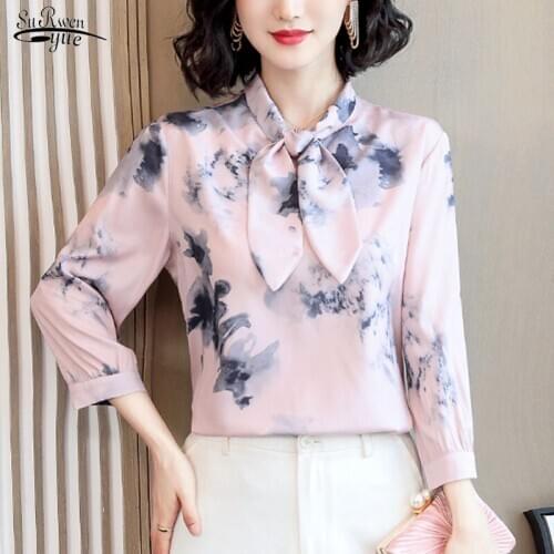 Blusas 2021 Vintage Women Tops Blouse Plus Size Short Sleeve Bow Ink Print Silk Shirts Women Summer Chic Loose Tops 10093
