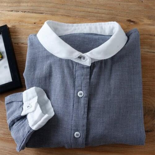 Cotton yarn stitching Peter Pan collar houndstooth blouse womens plaid long sleeve shirt female