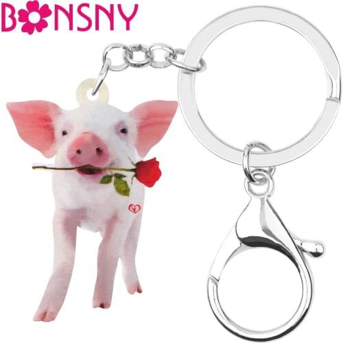 Bonsny Acrylic Valentines Day Rose Pig Piggy Key Chains Ring Bag Car Purse Decoration Keychain For Women Girls Teen Trendy Gift