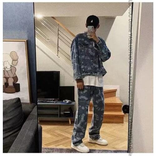 Men and Women Winter Cool Jeans Set Denim Jacket Two Piece Loose Tracksuit Long Sleeve Denim Coats Men Sets Male Jean Outerwear