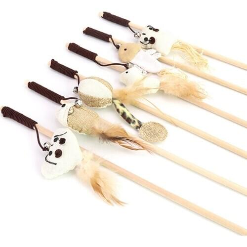 40cm Pet Cat Teaser Toys Feather Linen Wand Cat Catcher Teaser Stick Cat Interactive Toys Wood Rod Mouse Toy
