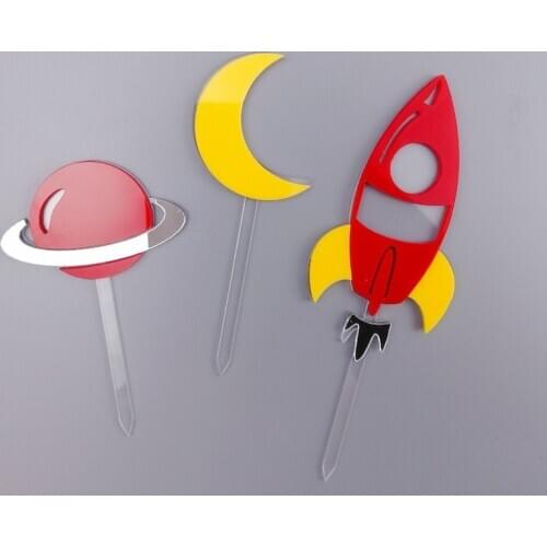 Spaceship Acrylic Cake Topper Cute Universe Happy Birthday Cupcake Topper For Baby Shower Boys Birthday Party Cake Decorations