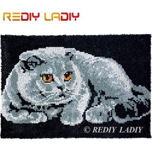 Latch Hook Rug Grey Cat Plush Wall Tapestry Kits DIY Carpet Rug Chunky Yarn Arts & Crafts Crochet Floor Mat Home Decor 85*58cm