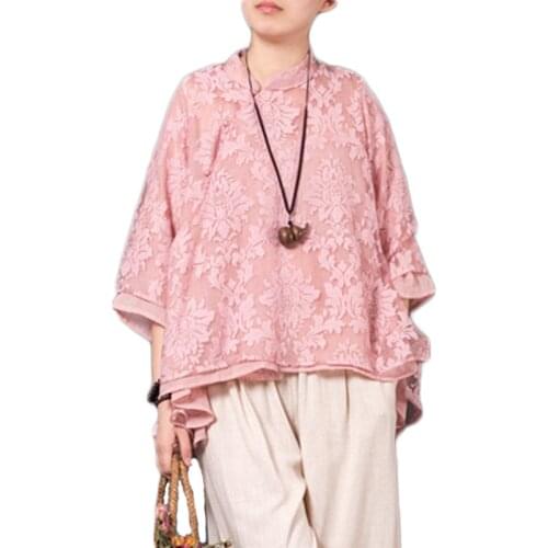 LZJN Original Women Floral Blouse Summer Tops Traditional Chinese Cheongsam Top Qipao White 4 Colors Lace Shirt with 3/4 Sleeve