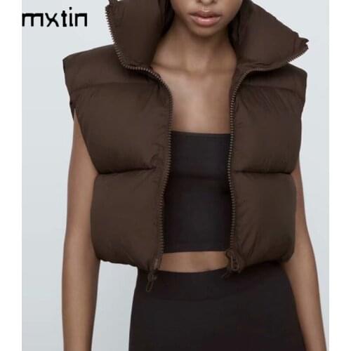 MXTIN 2021 Women Winter Fashion Solid Cotton Cropped Waistcoat Vintage Sleeveless Zipper Warm Female Outerwear Chic Tops Mujer