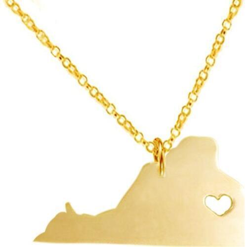 New Virginia Map Necklace Gold Silver Color Stainless Steel Virginia Map Heart Pendant Necklace Map Memorial Jewellery