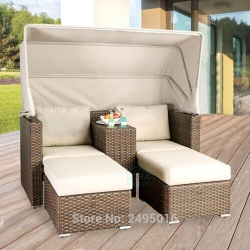 Outdoor Patio PE Rattan Wicker beach chair Sectional Sunbed outdoor Furniture Set with cushion, canopy