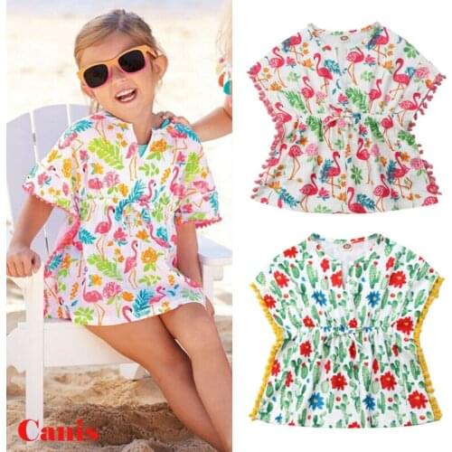 Troddle Kids Baby Girls Dress Flamingo Cactus Pattern Beach Sundress Flower Cotton & Linen Dresses Bikini Cover